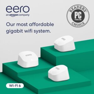 amazon eero 6+ mesh wifi system supports internet plans up to a gigabit, coverage up to 4,500 sq. ft., connect 75+ devices, 3 pack