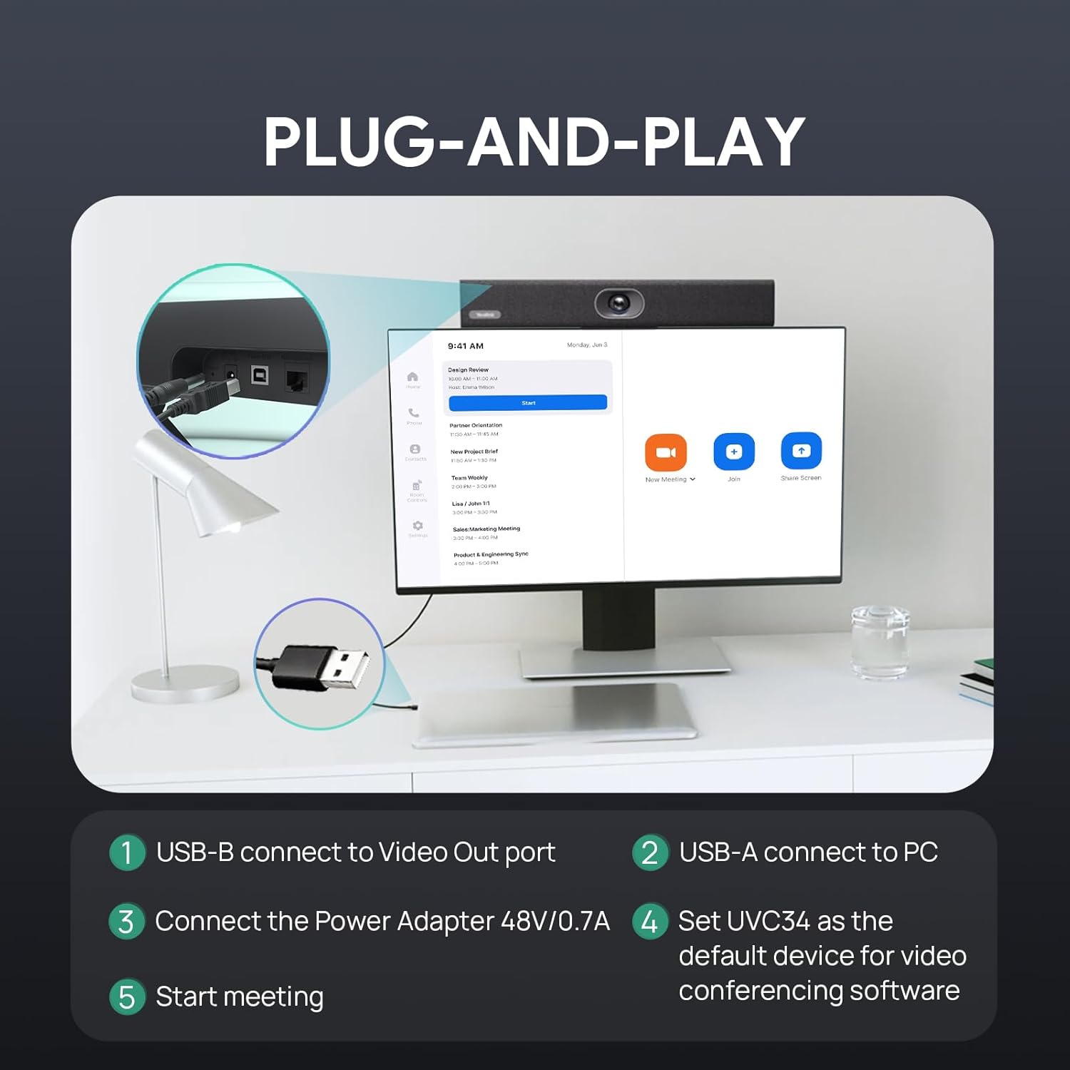 yealink 4k usb video conference camera 120° wide angle, microphone, speaker, auto framing, for pc meetings, microsoft teams & zoom