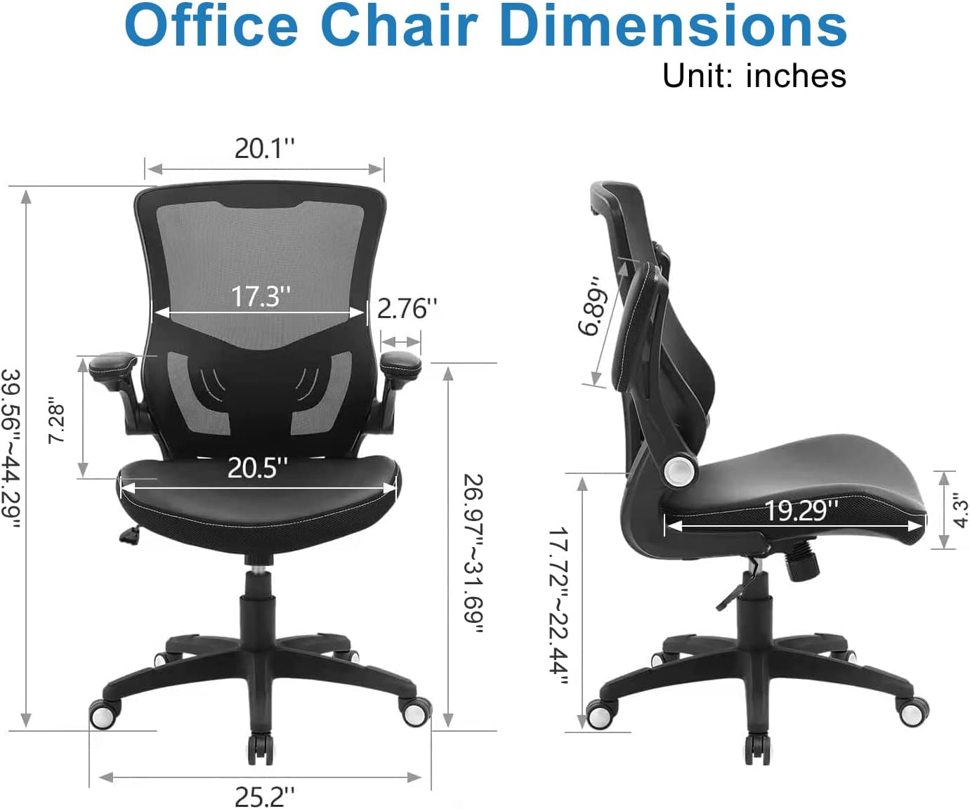 office chair ergonomic desk chair, computer pu leather home office chair, swivel mesh back adjustable lumbar support flip up arms executive task chair