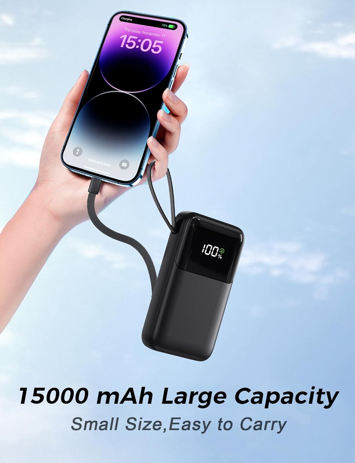 power bank, 15000mah portable charger with built in cable, 22.5w fast charging, 6 outputs, slim travel essential battery pack with led display, compatible with iphone 16/15/14/13, samsung, ipad, etc