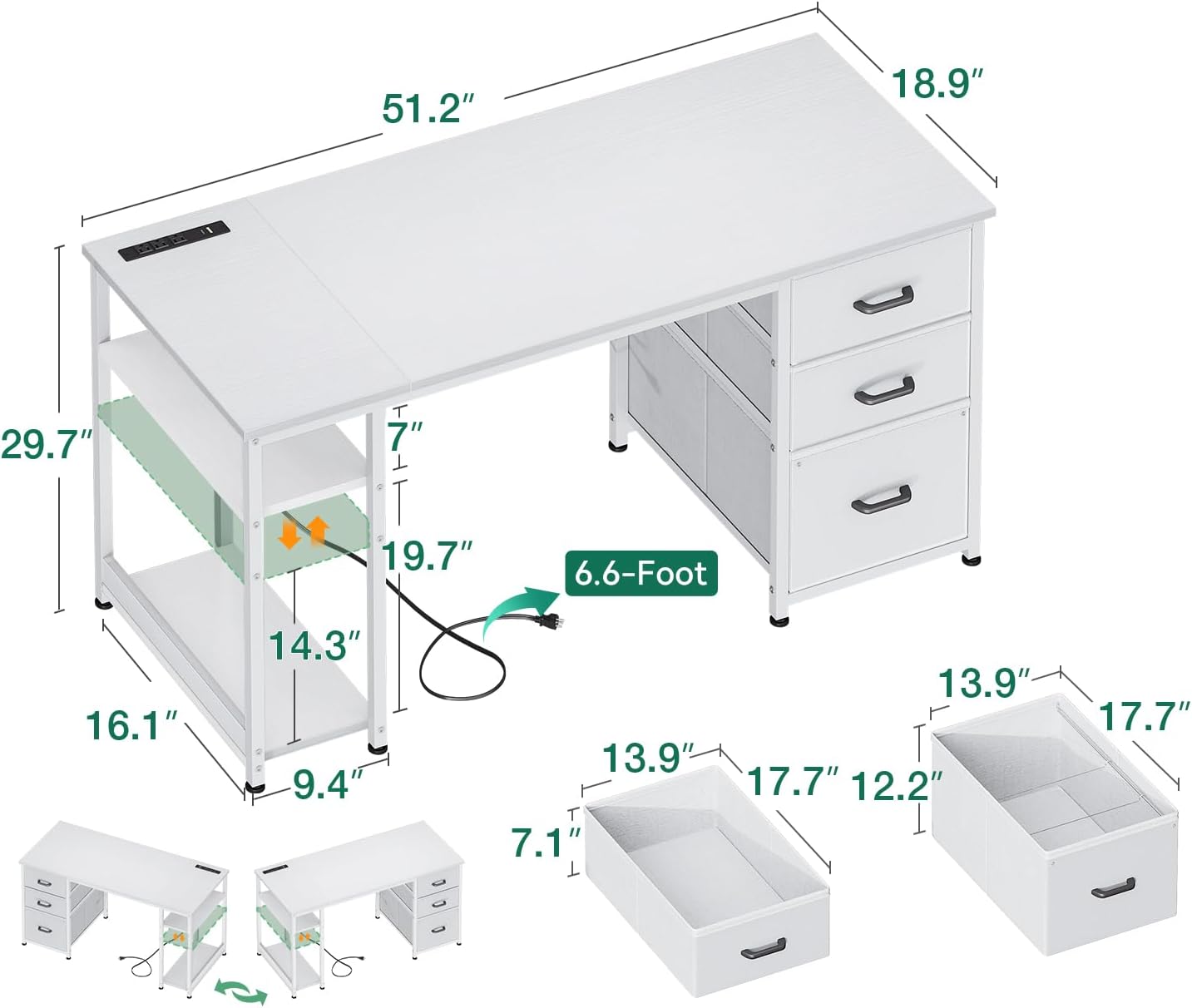 aodk 51 inch computer desk with file drawers & usb power outlets reversible home office desk with storage shelves, work from home, modern work/writing/study table for bedroom, white