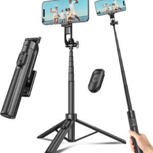 Selfie Stick Travel Tripod for Cell Phone with Remote Control and Phone Holder, Extendable Selfie Stick for iPhone, iPhone Tripod for Video Recording, 50 Inch, Black