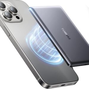 torras minimag power bank, ultra slim 5,000mah wireless portable charger with usb c cable, fast charging magnetic battery pack, magsafe compatible for iphone 16/15/14/13/12, glacier gray