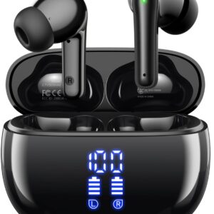 wireless earbuds, bluetooth ear buds headphones, 40h long playtime, stereo deep bass, led power display, ipx7, lightweight in ear earphone with mic for iphone android phone