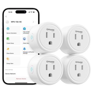 ghome smart plug 15a 5g hz and 2.4ghz wi fi, compatible with alexa & google home & ifttt, no hub required, ul/etl/fcc certified,remote control, timer,white [4 pack]