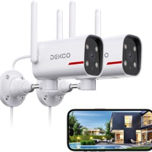outdoor security camera dekco 2k pan rotating 180° wired wifi cameras for home security with two way audio, night vision, 2.4g wifi, ip65, motion detection alarm (2 pack)