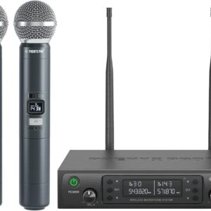 phenyx pro wireless microphone system, dual wireless mics,w/ 2 handhelds, auto scan,2x100 uhf frequencies,328ft range,dynamic microphone for singing, karaoke, church(ptu 71 2h)