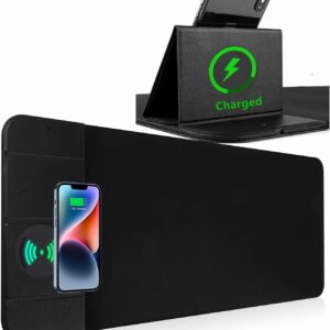 wireless charging mouse pad with phone holder gaming mousepad desk mat 15w qi fast charging pad ultra smooth surface non slip extended premium black computer keyboard mat for macbook pc laptop