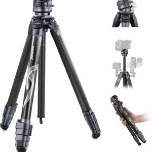 neewer litetrip lt32 62" travel tripod carbon fiber with ±15° leveling 360° panorama head, detachable center axis, fast flip buckle, arca qr plate compatible with peak design capture v3, (former tp62)