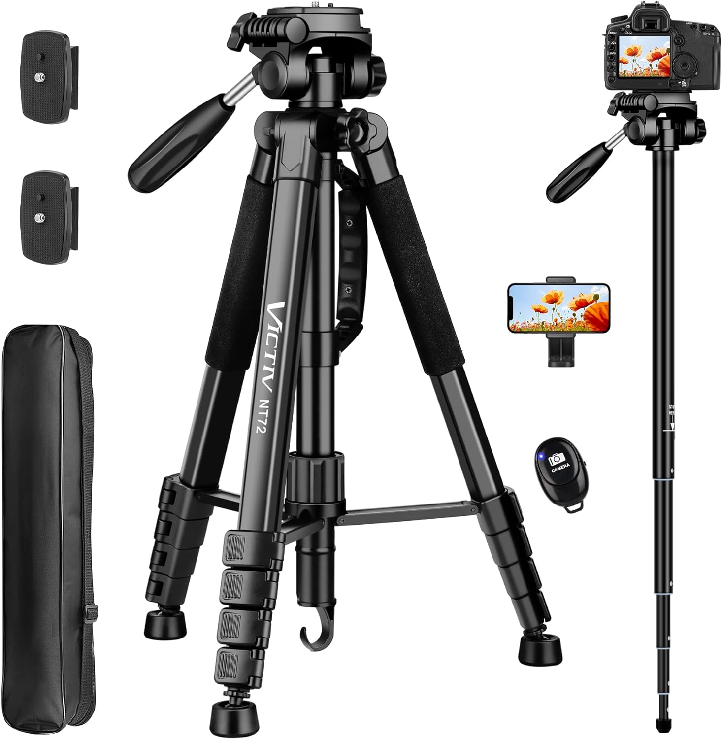 tripod for camera, 72" tall camera tripod monopod with remote, professional heavy duty compact camera stand for phone,dslr, spotting scope, telescope, binocular