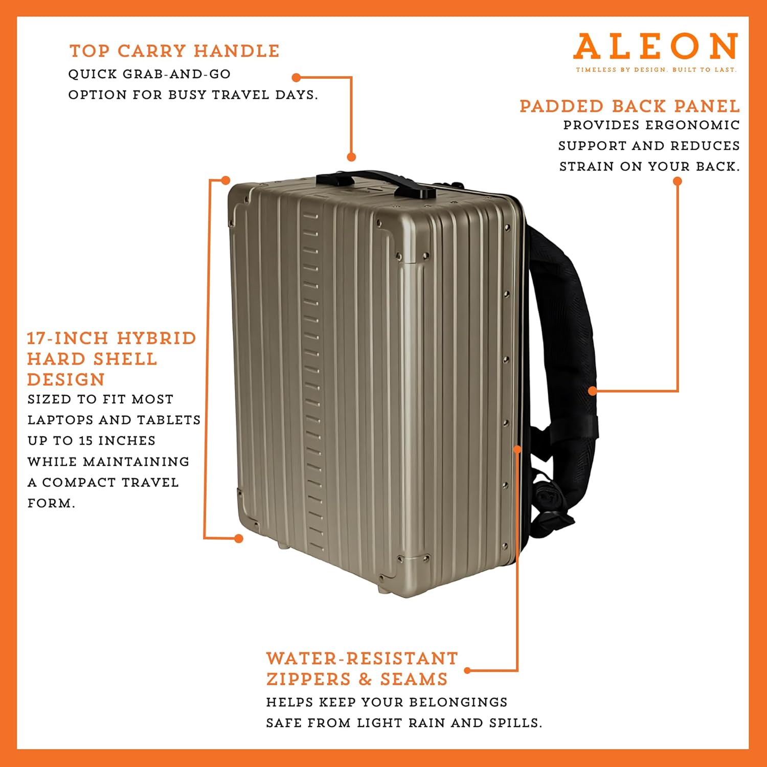 all aluminum lightweight 17" hybrid backpack for men & women, fits 15" laptop, premium hard shell backpack for business travel with rfid blocker for tech, executive, gamers, photographer (bronze)