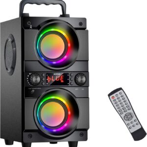 60w (80w peak) portable bluetooth speaker with double subwoofer heavy bass, bluetooth 5.0 wireless 100ft outdoor speaker, support fm radio, led colorful lights, stereo sound, for home, party, travel