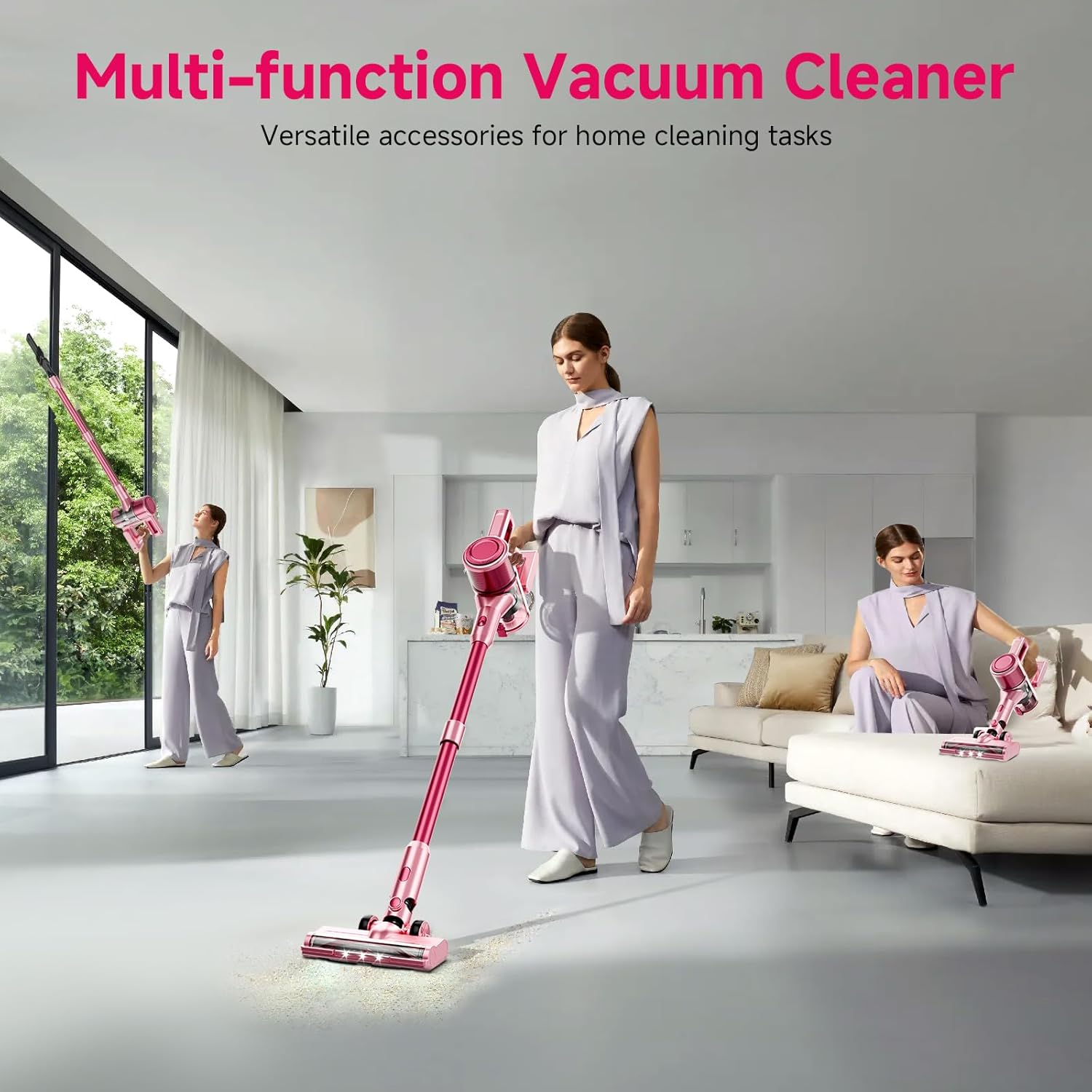 cordless vacuum cleaner,55mins/powerful vacuum cleaners for home,stick vacuums with 8 in 1,touch screen,led headlights, anti tangle,rechargeable,lightweight for carpet,hard floor, pet hair,pink