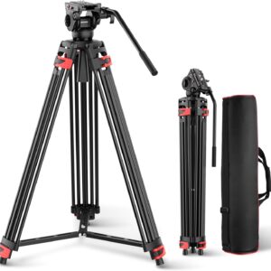 NEEWER Basic 74″ Video Tripod with Fluid Head , Metal Camera Tripod with Smooth Friction Damping, Mid Level Spreader, Quick Release Plate Compatible with Manfrotto 501, Max Load 17.6lb, TP37
