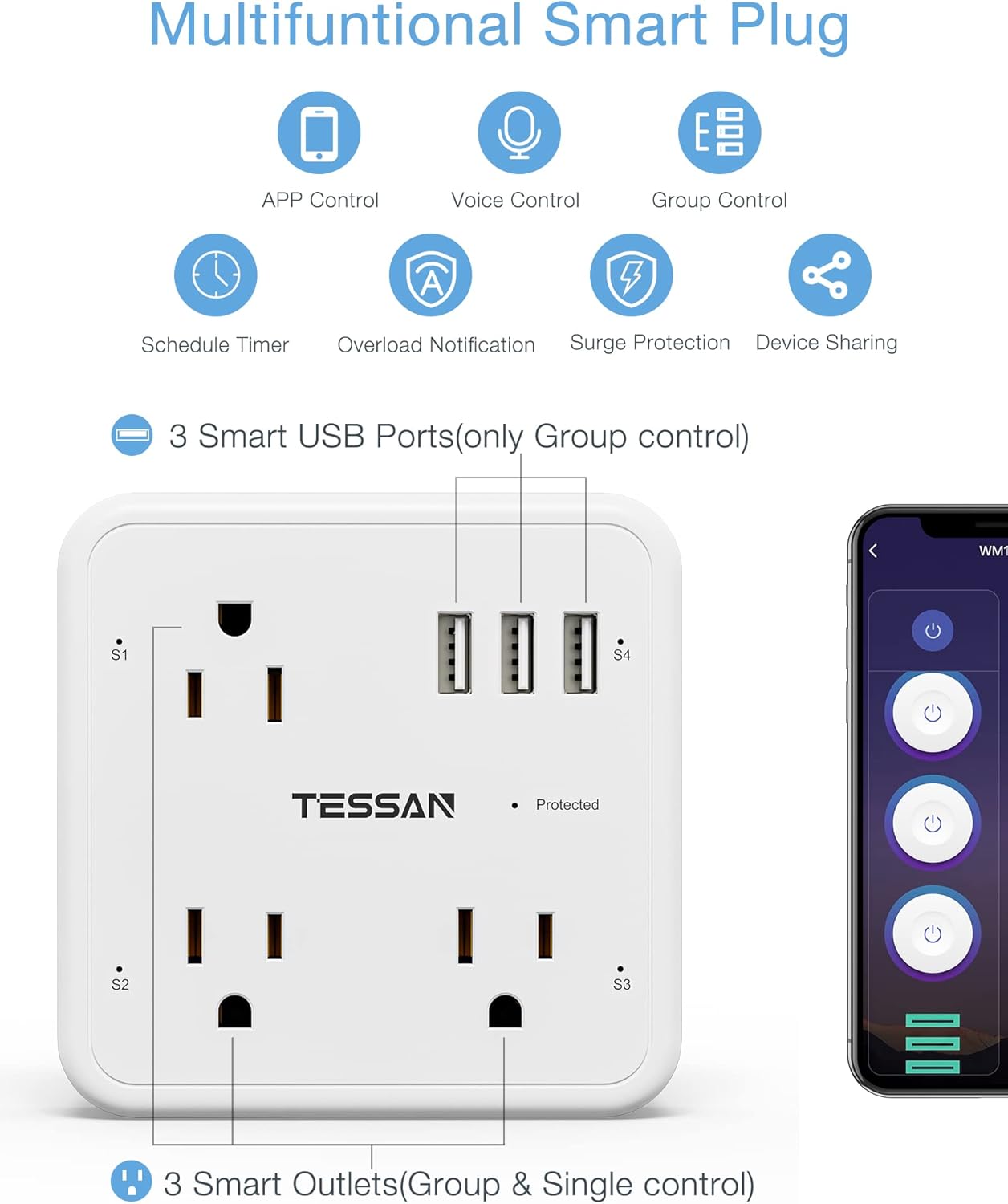 smart plug outlet extender compatible with alexa google home, tessan wifi plug with 3 smart outlets 3 usb ports, wall surge protector power strip 900j, voice and smartlife control, only 2.4 ghz wi fi