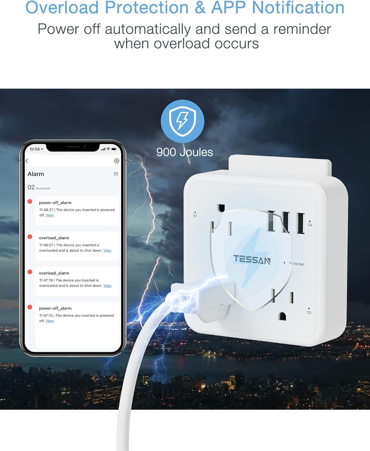 smart plug outlet extender compatible with alexa google home, tessan wifi plug with 3 smart outlets 3 usb ports, wall surge protector power strip 900j, voice and smartlife control, only 2.4 ghz wi fi
