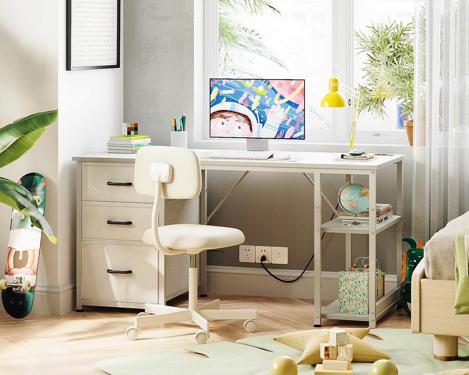 aodk 51 inch computer desk with file drawers & usb power outlets reversible home office desk with storage shelves, work from home, modern work/writing/study table for bedroom, white