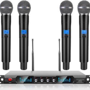 4 channel wireless microphone system, quad uhf metal cordless mic, 4 handheld mics, long distance150 200ft, fixed frequency, 16 hours use for karaoke singing, church