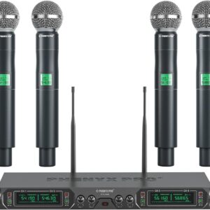 phenyx pro wireless microphone system, 4 channel uhf wireless mic, fixed frequency metal cordless mic with 4 handheld dynamic microphones, 260ft range, mics for singing, church(ptu 5000 4h)