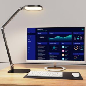 led desk lamp for home office, desk light for video call, 3 color temperature 10 brightness computer light, dimmable led desk light with memory & timer func, metal swing arm table lamp