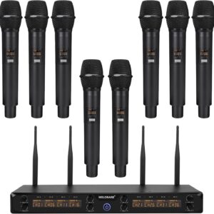 8 channel wireless microphone system, uhf 500mhz cordless mic set w/ 8x5 frequencies, 240ft range, dynamic handheld microphone for singing, karaoke, church, meetings, wedding (mwm 81f)