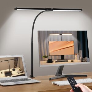 led desk lamp for home office, eye care architect light with clamp, smart double head computer monitor table clip lamp, adjustable flexible gooseneck, 25 lighting models, task lamp, black