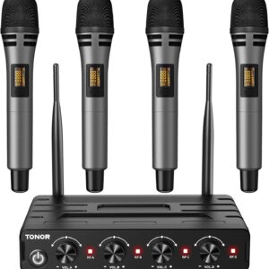tonor wireless microphones system with 4x10 channels cordless handheld microfono inalambrico, 200ft uhf range, mics with stable signal transmission for karaoke singing party church wedding pa speaker