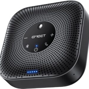 emeet conference speakerphone m0 plus, 4 ai mics 360° voice pickup, noise reduction, usb c speaker, bluetooth conference speaker for 8 people w/daisy chain for 16 compatible with leading software