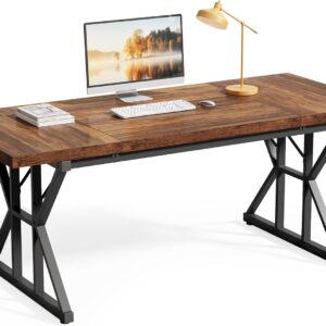 little tree 70.8 inch office desk, wooden executive office desk, modern work desk, large farmhouse writing table computer desk for home, brown black
