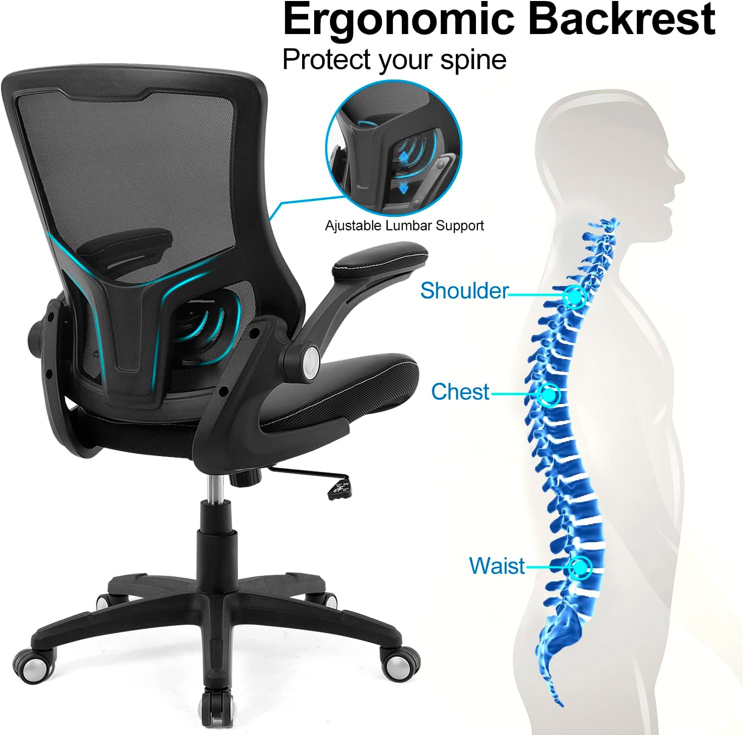 office chair ergonomic desk chair, computer pu leather home office chair, swivel mesh back adjustable lumbar support flip up arms executive task chair