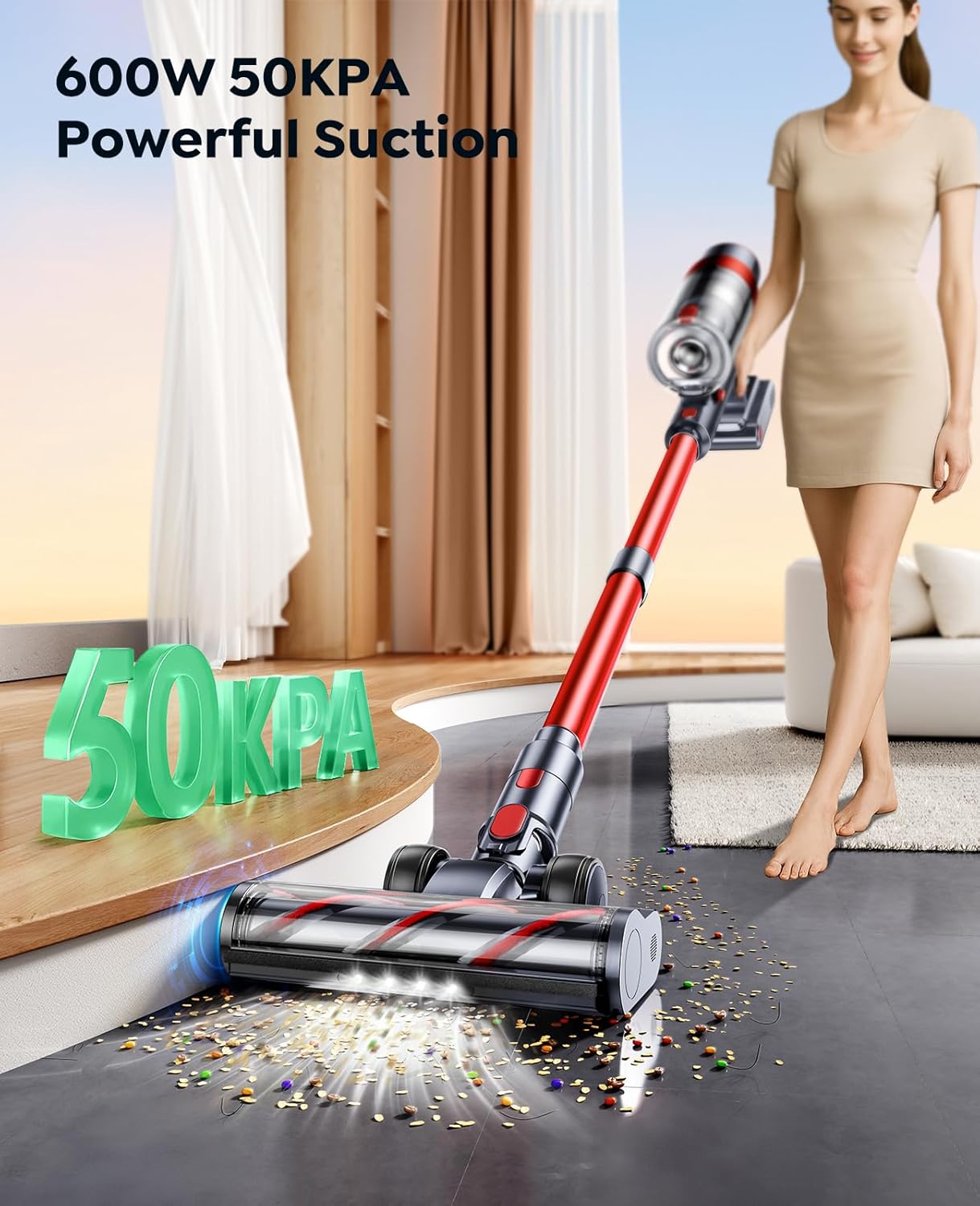 cordless vacuum cleaner, 600w/50kpa stick vacuum, 65 mins runtime rechargeable vacuum, wall mount charging, auto mode, self standing vacuum cleaner for home with 3.3ft hose for pet hair carpet floor