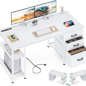 aodk 51 inch computer desk with file drawers & usb power outlets reversible home office desk with storage shelves, work from home, modern work/writing/study table for bedroom, white