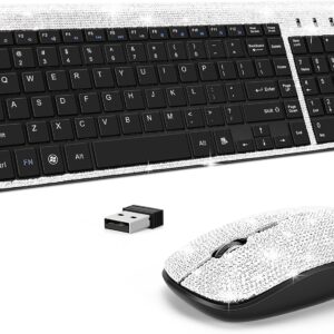 dazzling luxury keyboard and mouse wireless, sparkly bling rhinestone wireless mouse and keyboard gift set (silver)