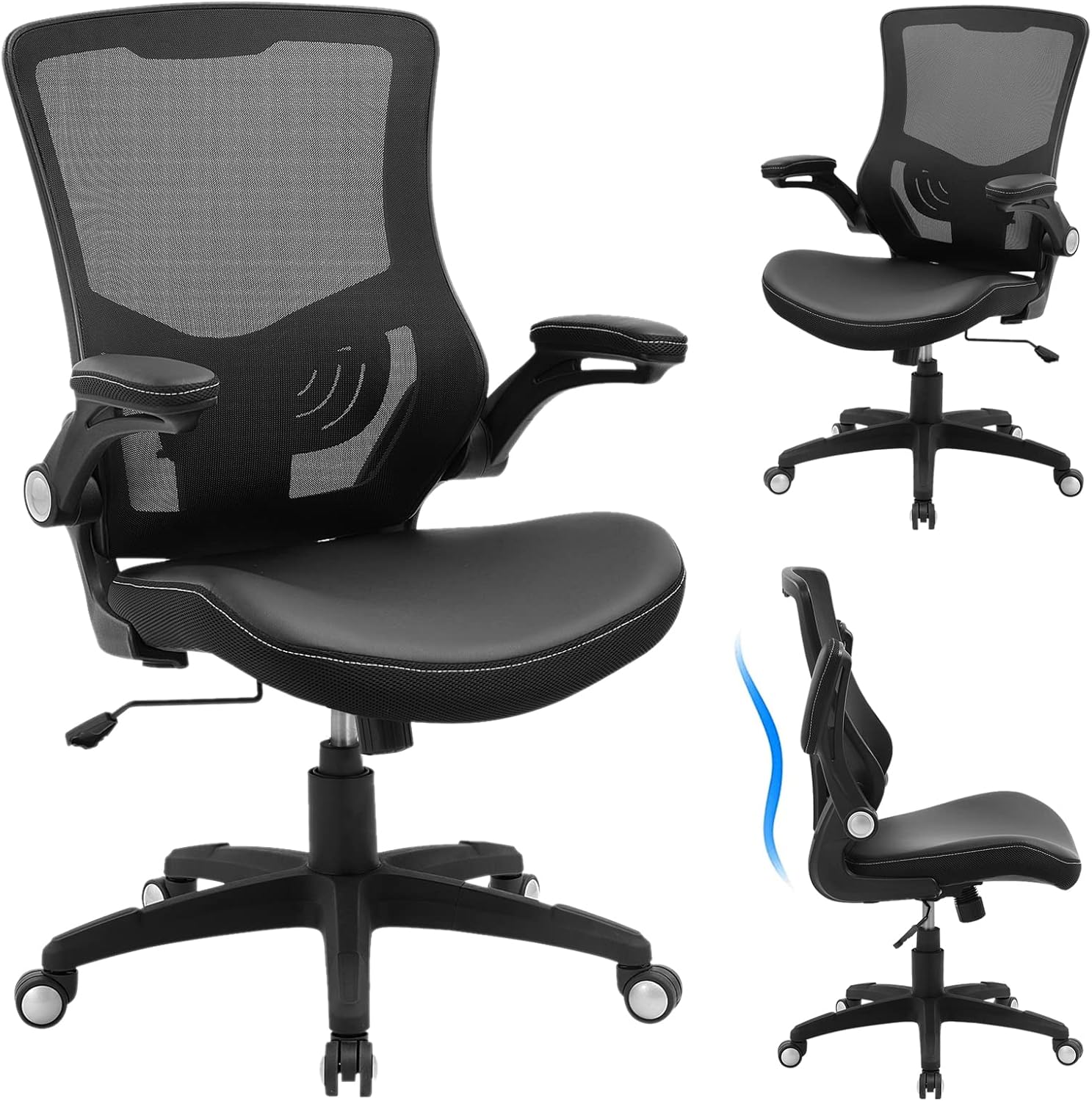 office chair ergonomic desk chair, computer pu leather home office chair, swivel mesh back adjustable lumbar support flip up arms executive task chair