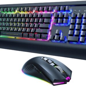 risophy wireless gaming keyboard and mouse combo, metal panel, 7 color backlits, rechargeable 3200 mah battery, wrist rest, sleep mode, light up keyboard + 7d 3200dpi gaming mice for pc gamer