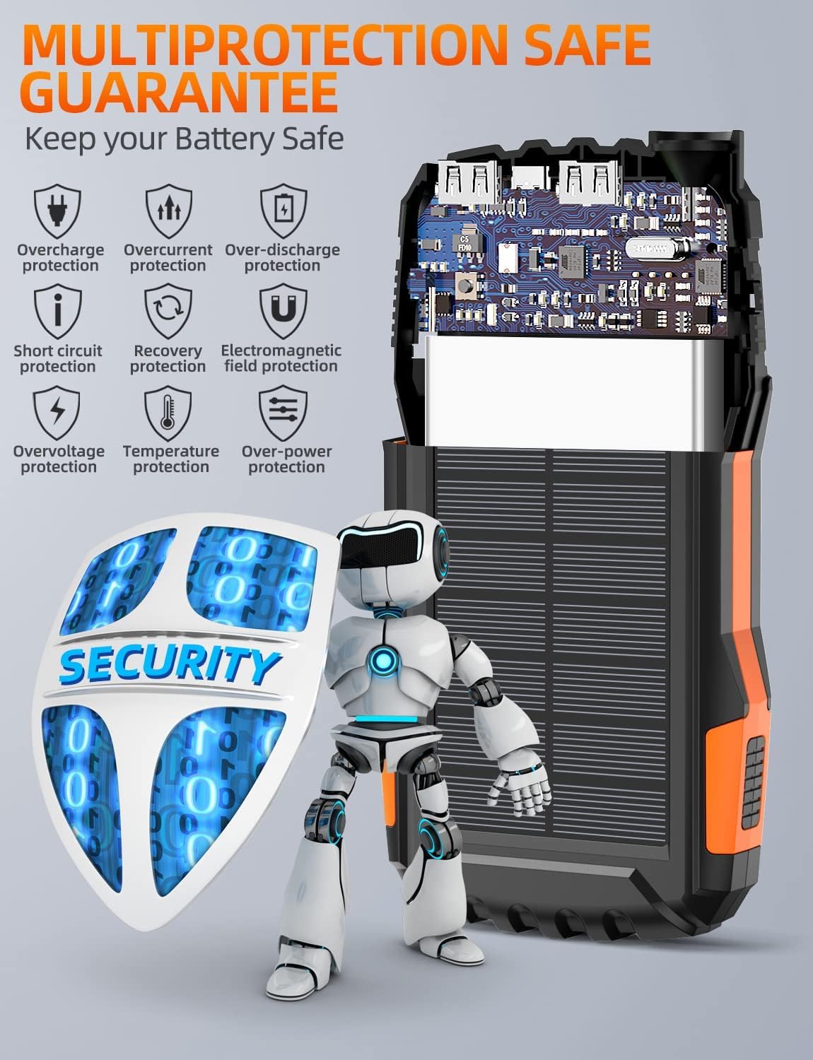 power bank solar charger 42800mah portable charger,solar power bank,external battery pack 5v3.1a qc 3.0 fast charger built in super bright flashlight (orange)