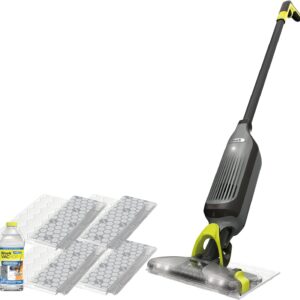 shark vacmop cordless hard floor cleaner, vacuum and spray mop, powerful suction, lightweight, led headlights, includes 4 disposable pads, 12oz multi surface cleaning solution, gray, vm252