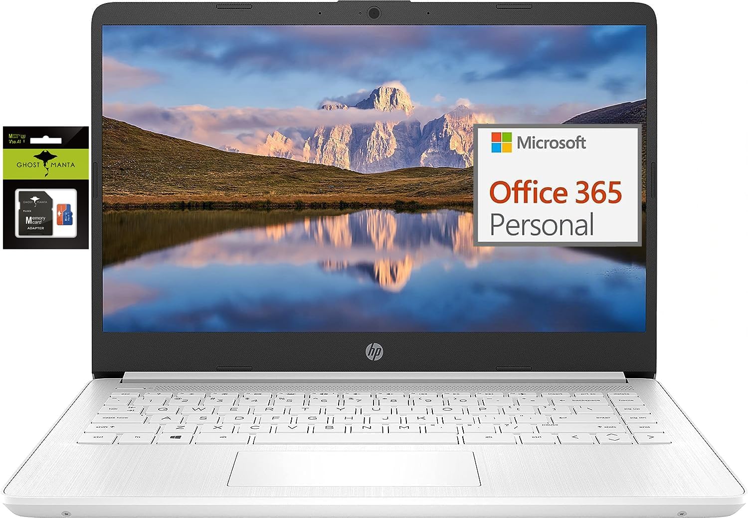 hp 14" ultral light laptop for students and business, intel quad core, 8gb ram, 192gb storage(64gb emmc+128gb ghost manta sd card), 1 year office 365, usb c, win 11 s