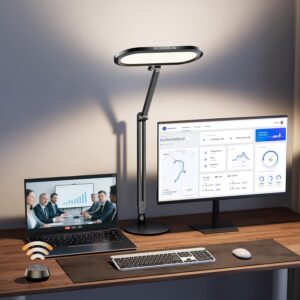 eye caring desk lamp for home office – led soft light with knob remote, stepless dimming & color, memory, metal table lamp for zoom, studying, video conference, flicker free, glare free