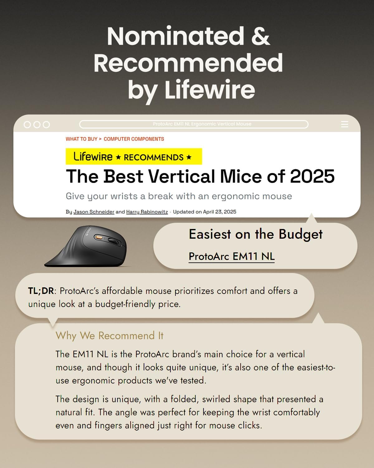 protoarc ergonomic mouse, em11 nl bluetooth rechargeable wireless vertical mouse, 3 multi device connectivity for computer/pc/laptop, 2.4ghz optical mice for windows, mac os, black