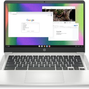hp chromebook 14 laptop, intel celeron n4120, 4 gb ram, 64 gb emmc, 14" hd display, chrome os, thin design, 4k graphics, long battery life, ash gray keyboard (14a na0226nr, 2022, mineral silver)