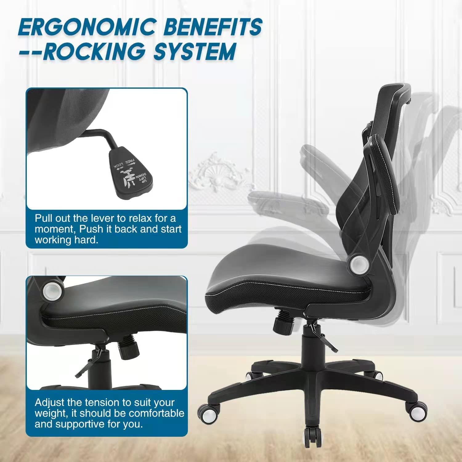 office chair ergonomic desk chair, computer pu leather home office chair, swivel mesh back adjustable lumbar support flip up arms executive task chair