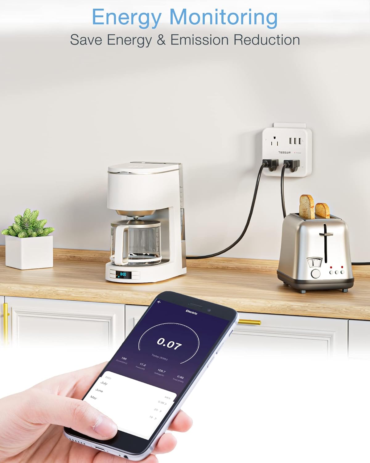 smart plug outlet extender compatible with alexa google home, tessan wifi plug with 3 smart outlets 3 usb ports, wall surge protector power strip 900j, voice and smartlife control, only 2.4 ghz wi fi