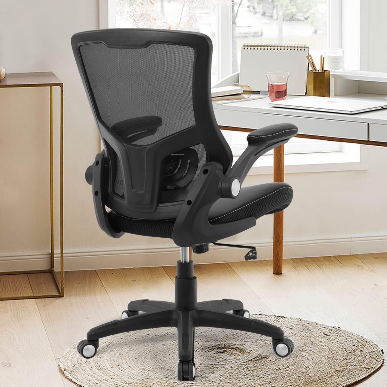 office chair ergonomic desk chair, computer pu leather home office chair, swivel mesh back adjustable lumbar support flip up arms executive task chair