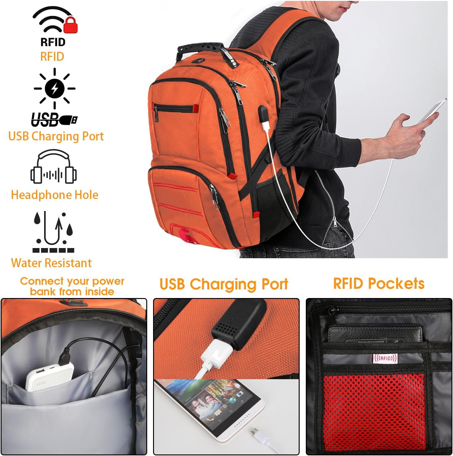 extra large 50l travel laptop backpack, computer bag backbag with usb charging port, tsa friendly durable big rfid heavy duty business tech backpack fits 17 inch laptops for men women, orange