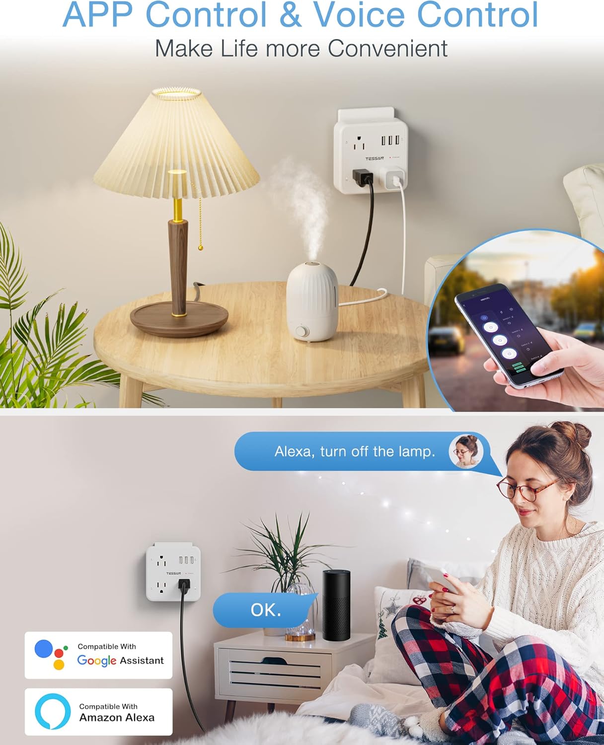 smart plug outlet extender compatible with alexa google home, tessan wifi plug with 3 smart outlets 3 usb ports, wall surge protector power strip 900j, voice and smartlife control, only 2.4 ghz wi fi