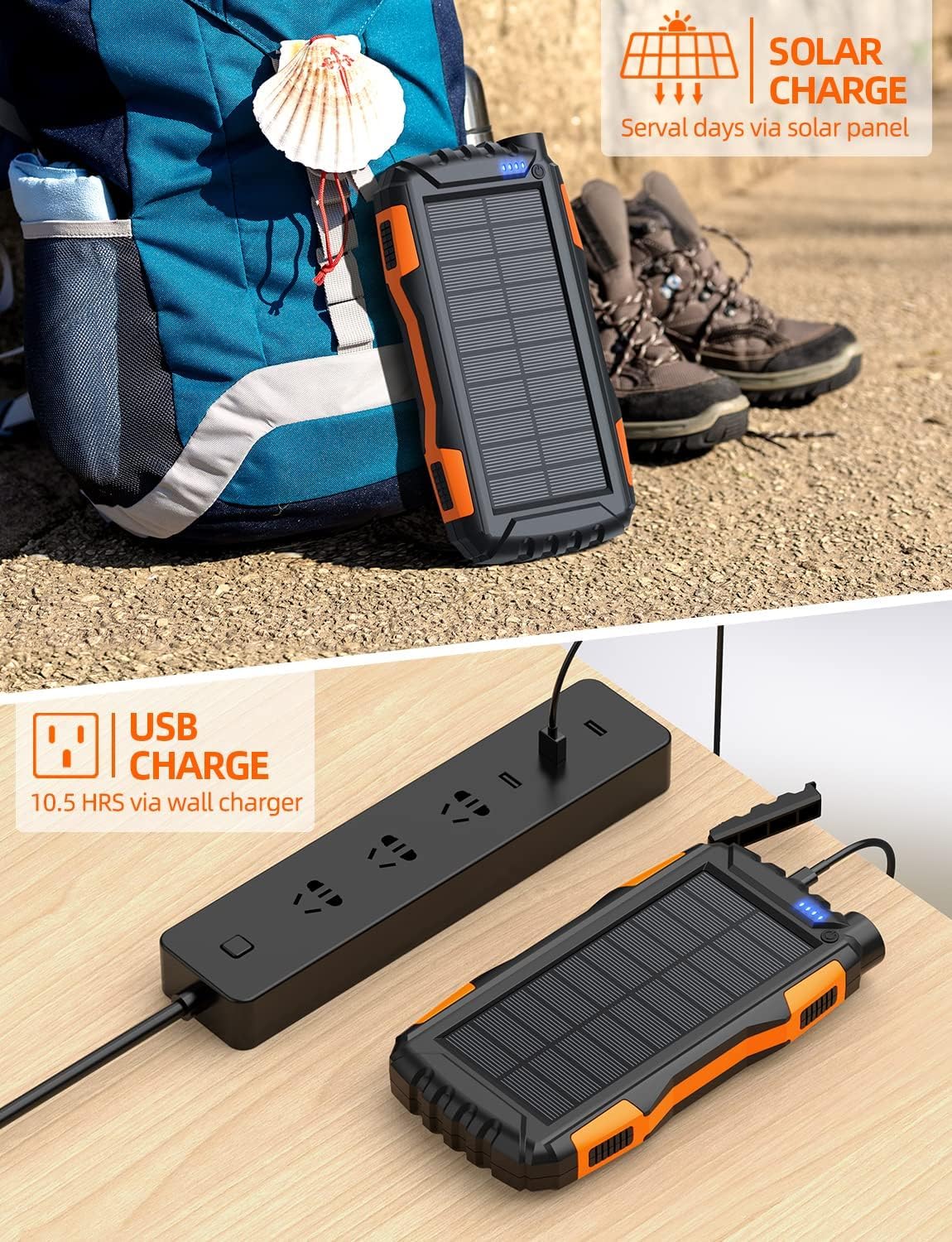 power bank solar charger 42800mah portable charger,solar power bank,external battery pack 5v3.1a qc 3.0 fast charger built in super bright flashlight (orange)