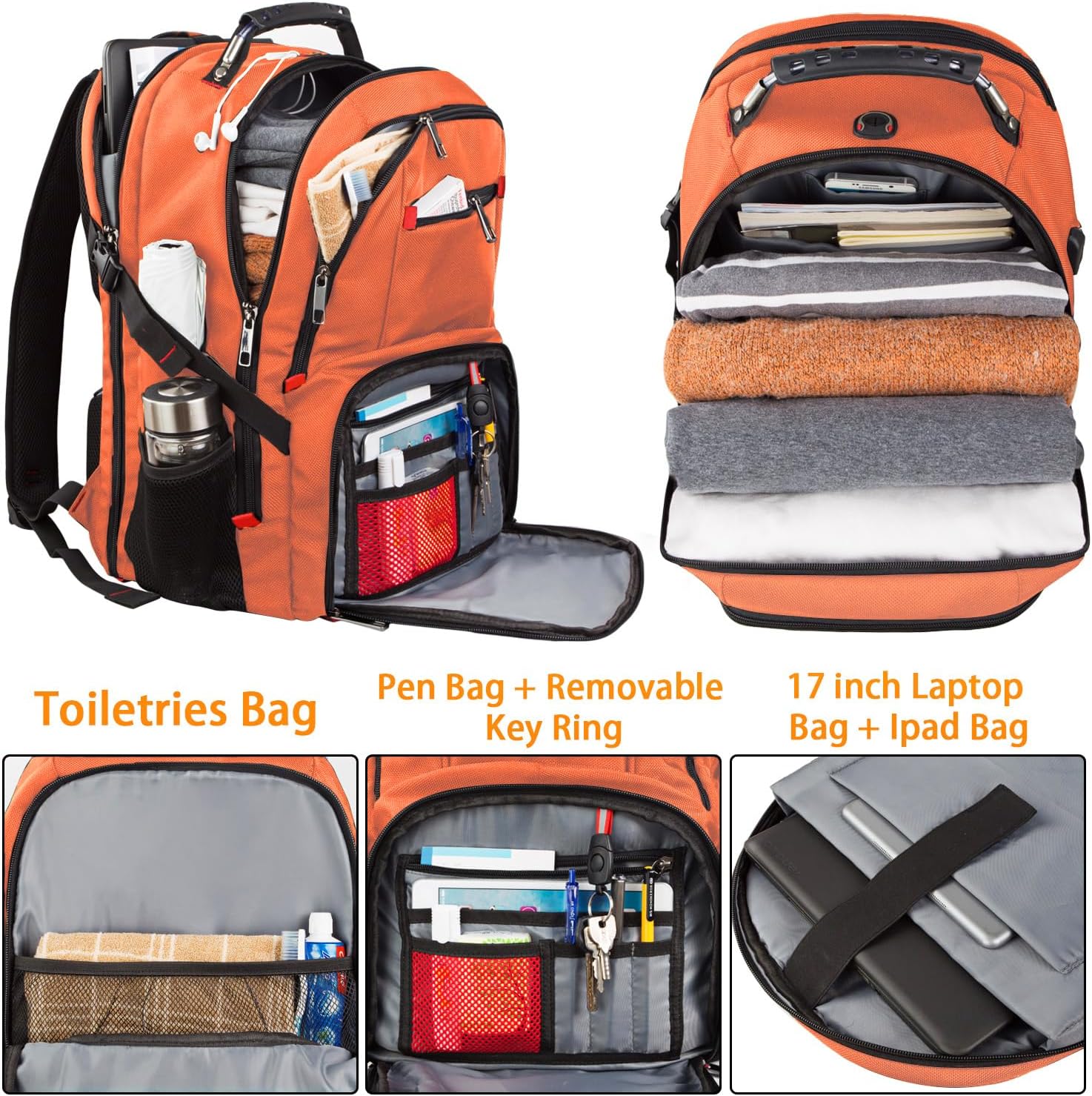 extra large 50l travel laptop backpack, computer bag backbag with usb charging port, tsa friendly durable big rfid heavy duty business tech backpack fits 17 inch laptops for men women, orange