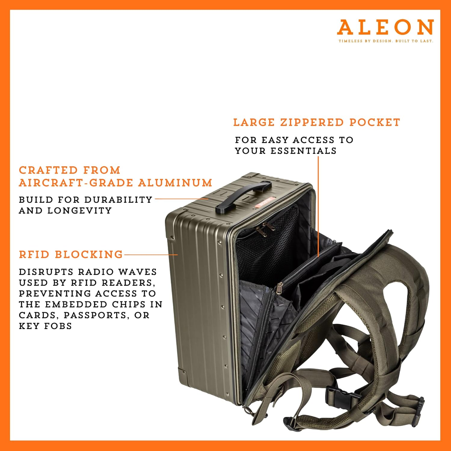 all aluminum lightweight 17" hybrid backpack for men & women, fits 15" laptop, premium hard shell backpack for business travel with rfid blocker for tech, executive, gamers, photographer (bronze)