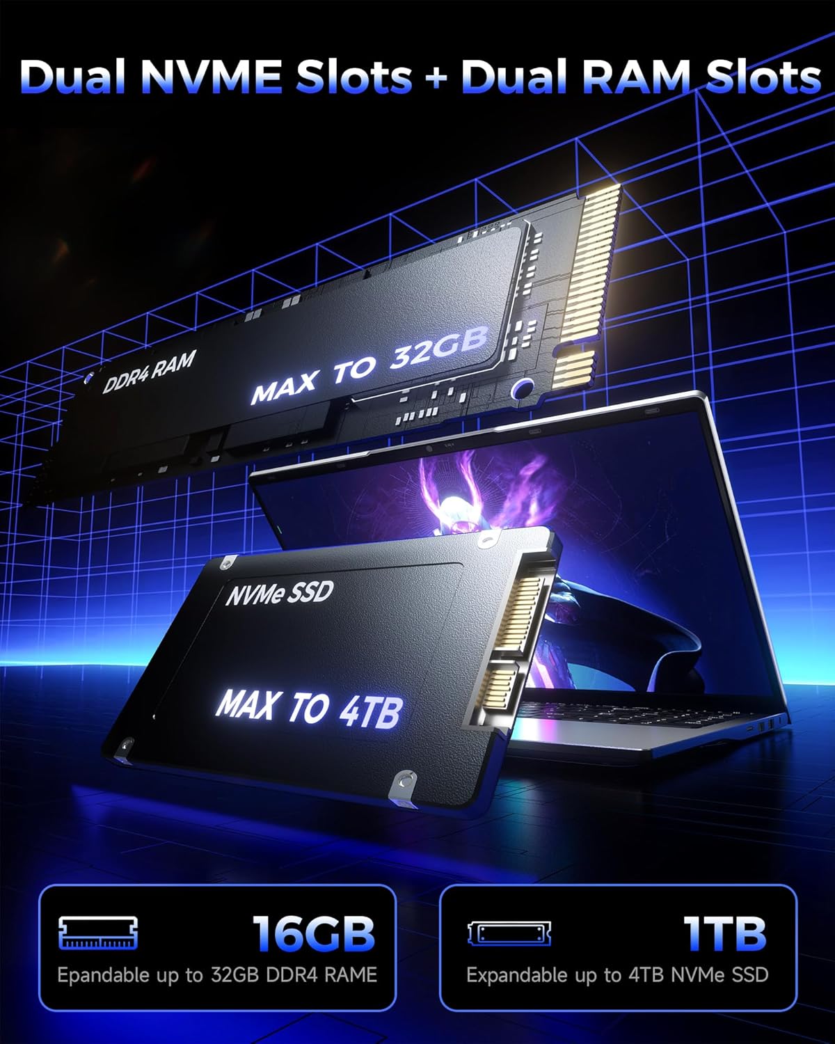 jumper 2025 gaming laptop, amd ryzen 5 7430u(up to 4.3ghz), 16gb ddr4 1tb nvme ssd, 15.6" fhd ips screen, 62.7wh battery, windows 11, gpu, usb3.2, 4 stereo speakers, 2 memory slots.